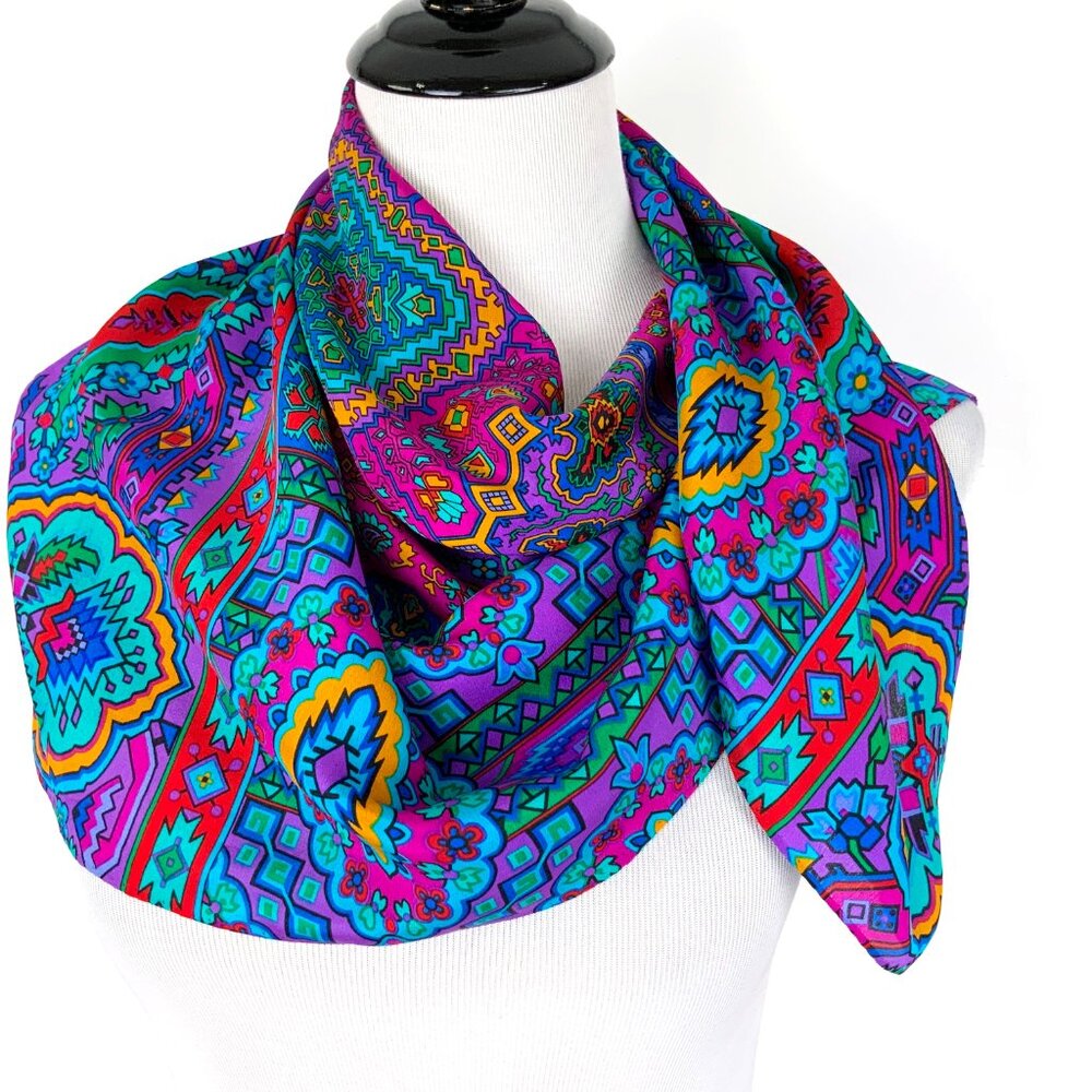 Vintage LIZ CLAIBORNE Silk Scarf Bold Multicolors Geometric Aztec
